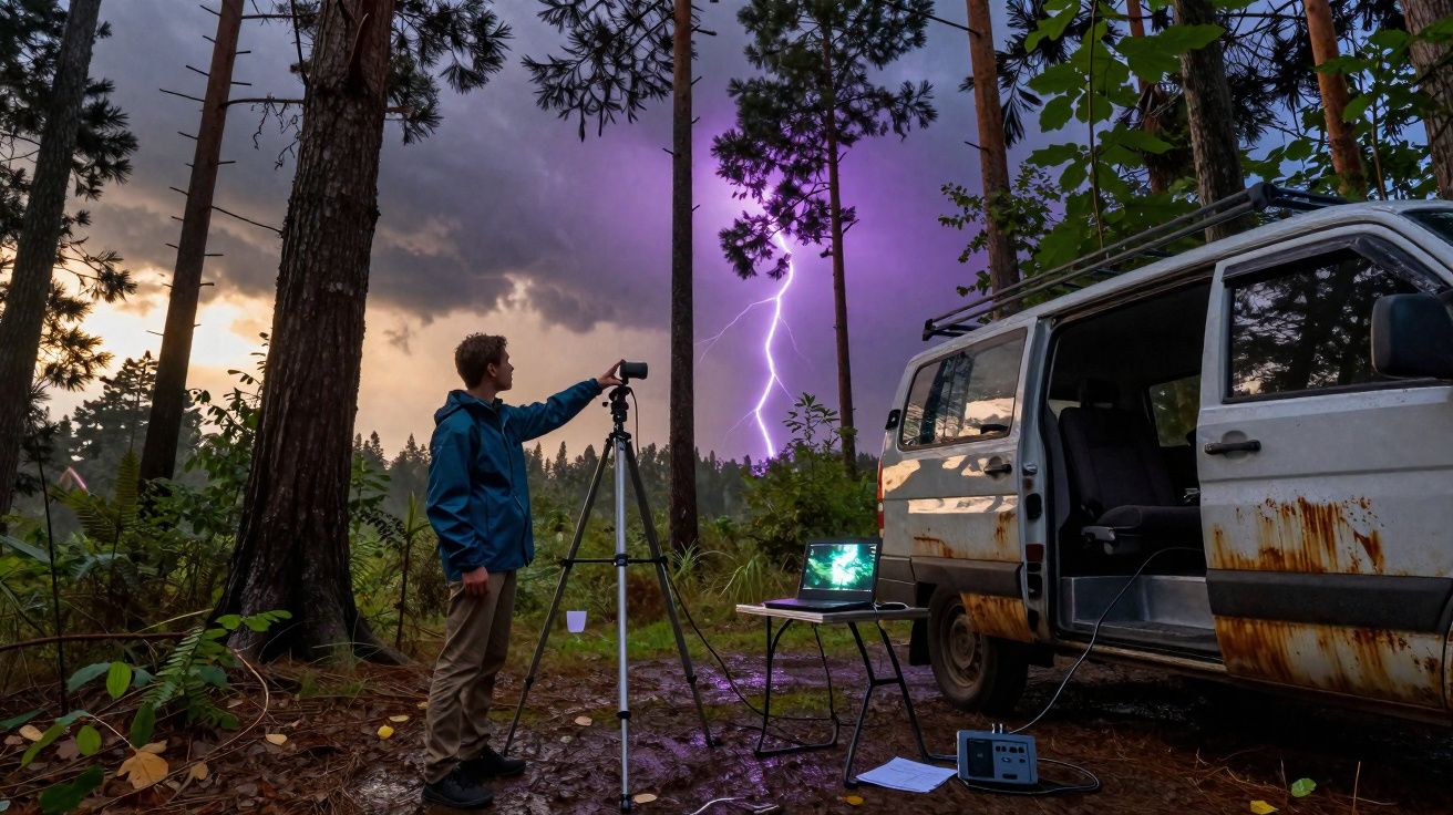 Pessoa a fotografar relâmpago com câmara em tripé numa floresta, ao lado de carrinha velha branca com ferrugem.
