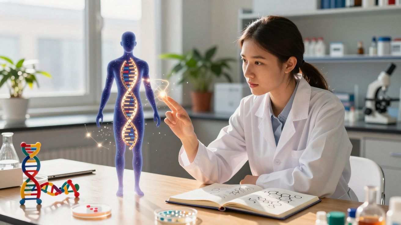 Cientista em laboratório interage com holograma de corpo humano e estrutura de ADN.