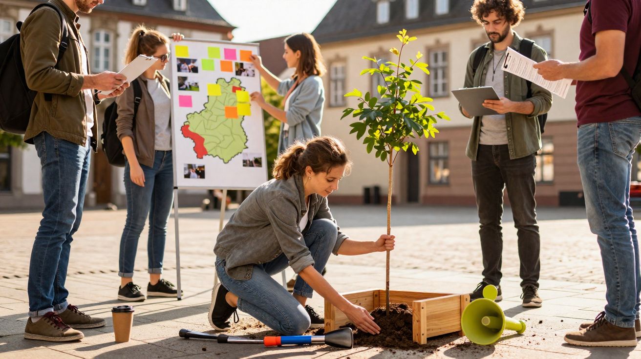 Grupo de jovens a plantar uma árvore numa praça urbana durante atividade de sensibilização ambiental.