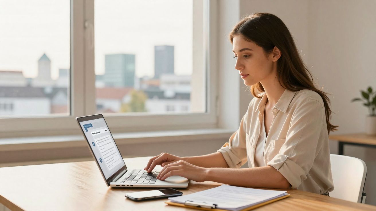 Mulher a trabalhar num portátil numa mesa com documentos e telemóvel perto, com janela e cidade ao fundo.