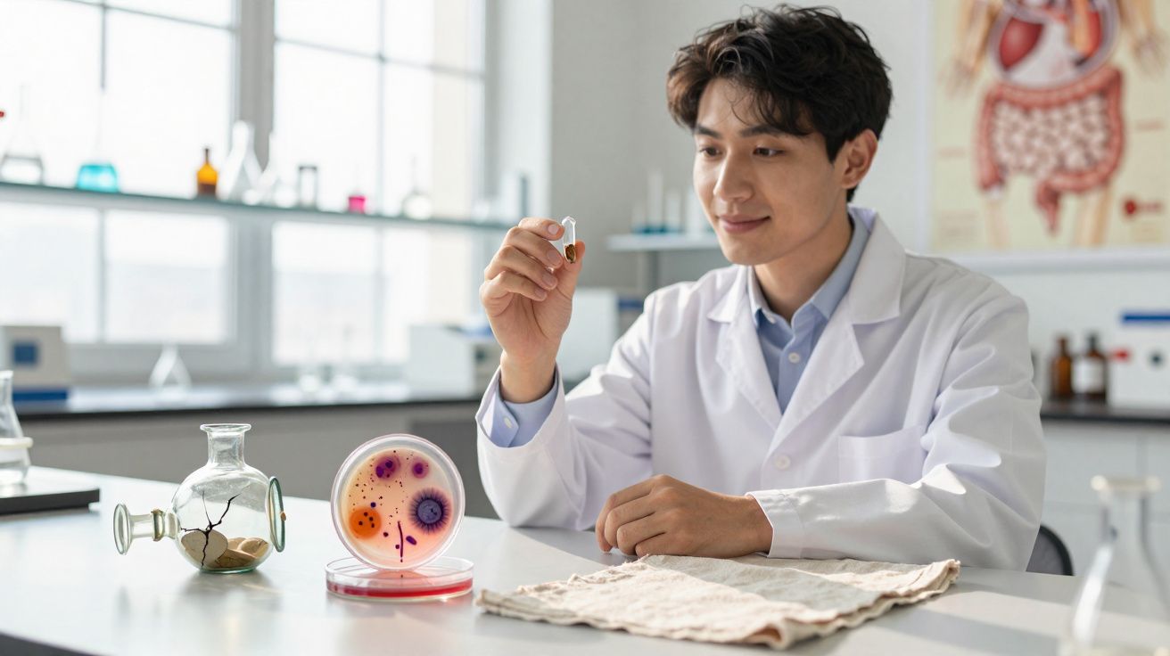 Homem com bata branca observa cápsula numa mão, com placa de petri e frasco na mesa de laboratório.