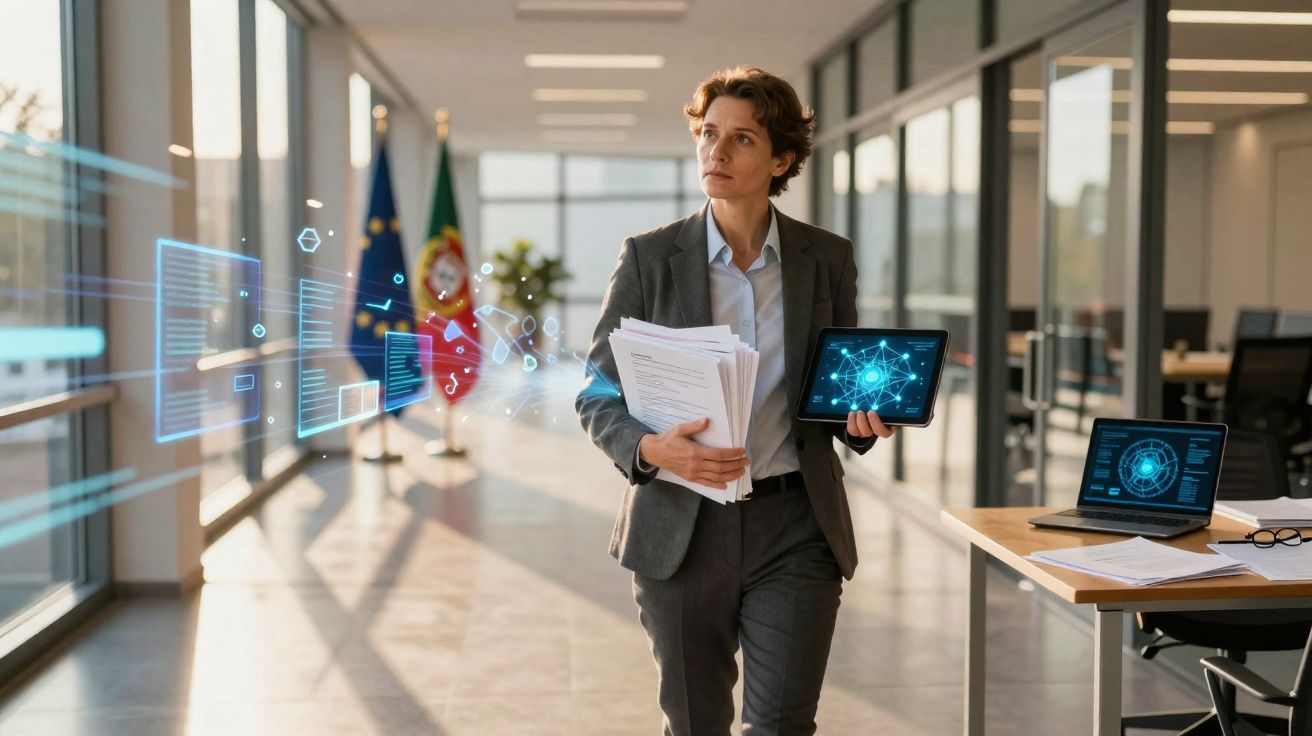 Pessoa de fato cinzento segura documentos e tablet com gráficos digitais em ambiente de escritório moderno em Portugal.