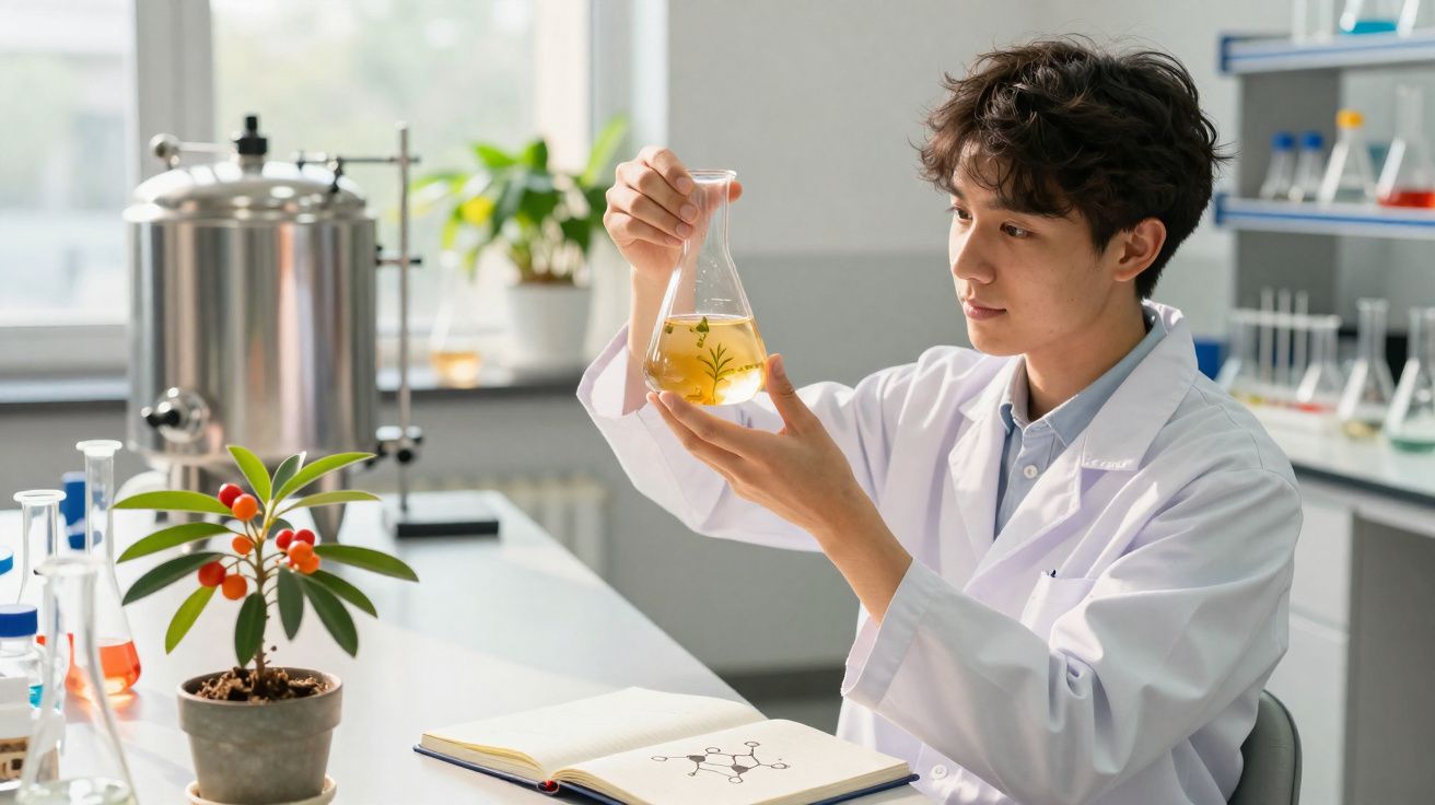 Jovem cientista analisa planta dentro de frasco num laboratório com plantas e livros ao fundo.