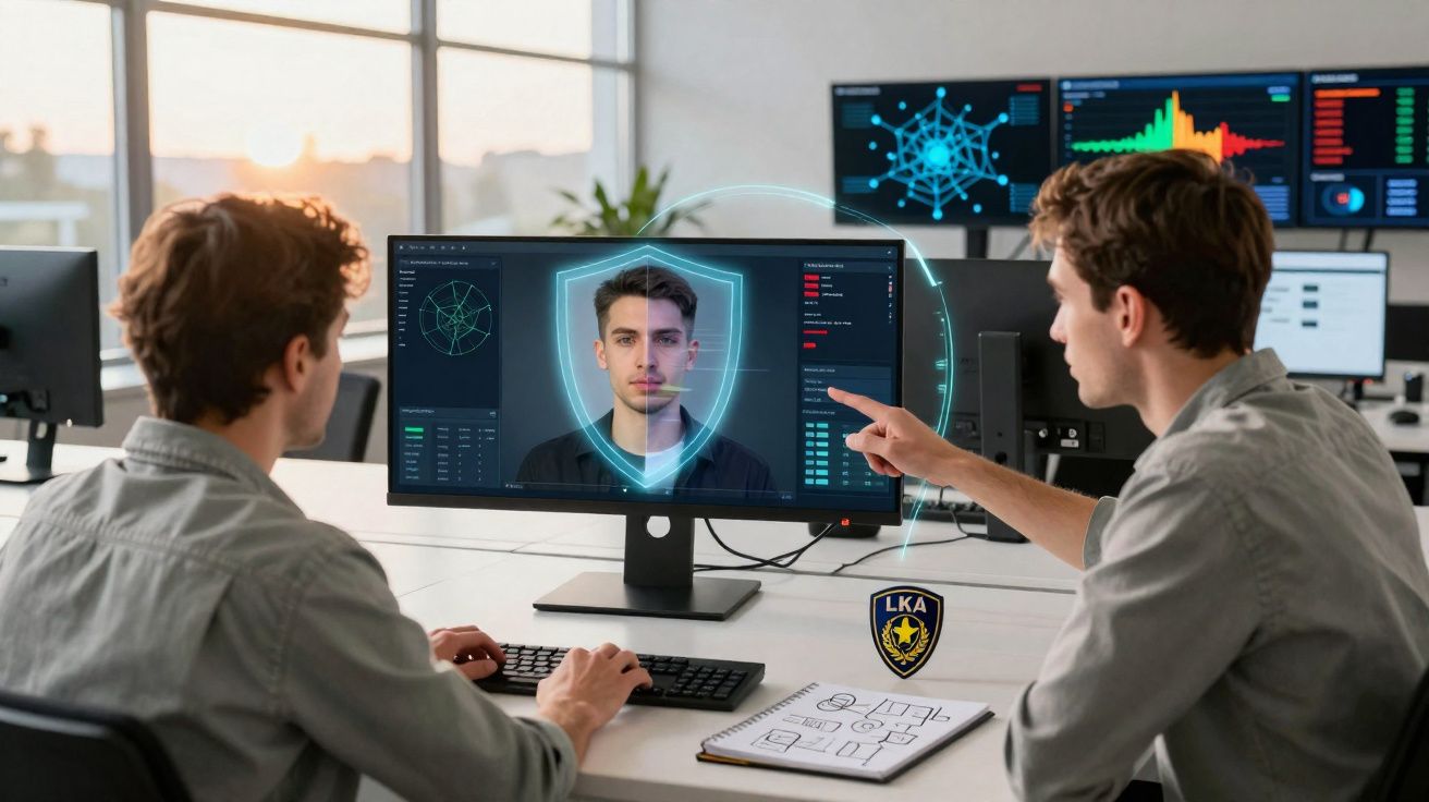 Dois homens analisam reconhecimento facial num monitor num escritório moderno com gráficos digitais ao fundo.