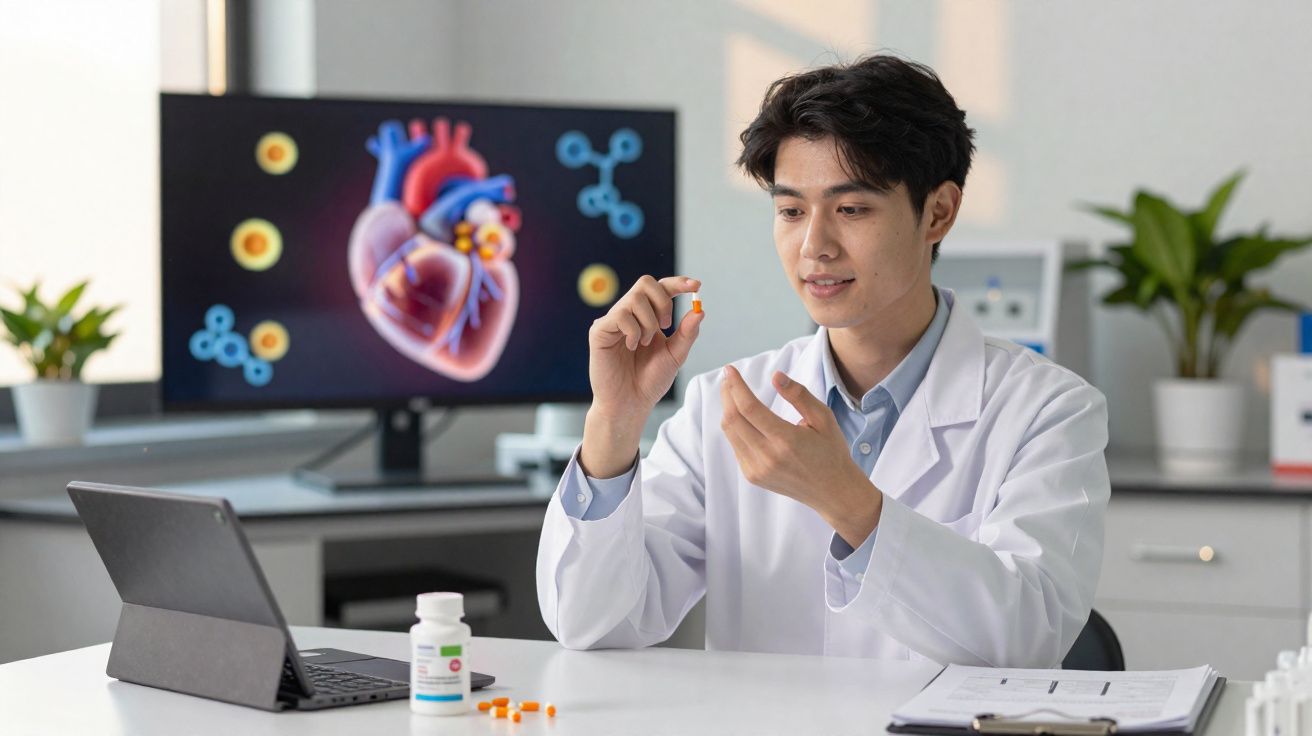 Homem com bata branca segura comprimido com imagem de coração e moléculas no ecrã ao fundo.