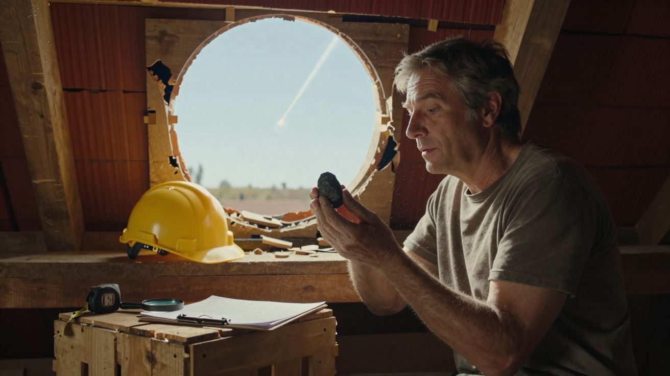 Homem a observar um pedaço de carvão numa sótão com buraco redondo na parede e capacete amarelo.