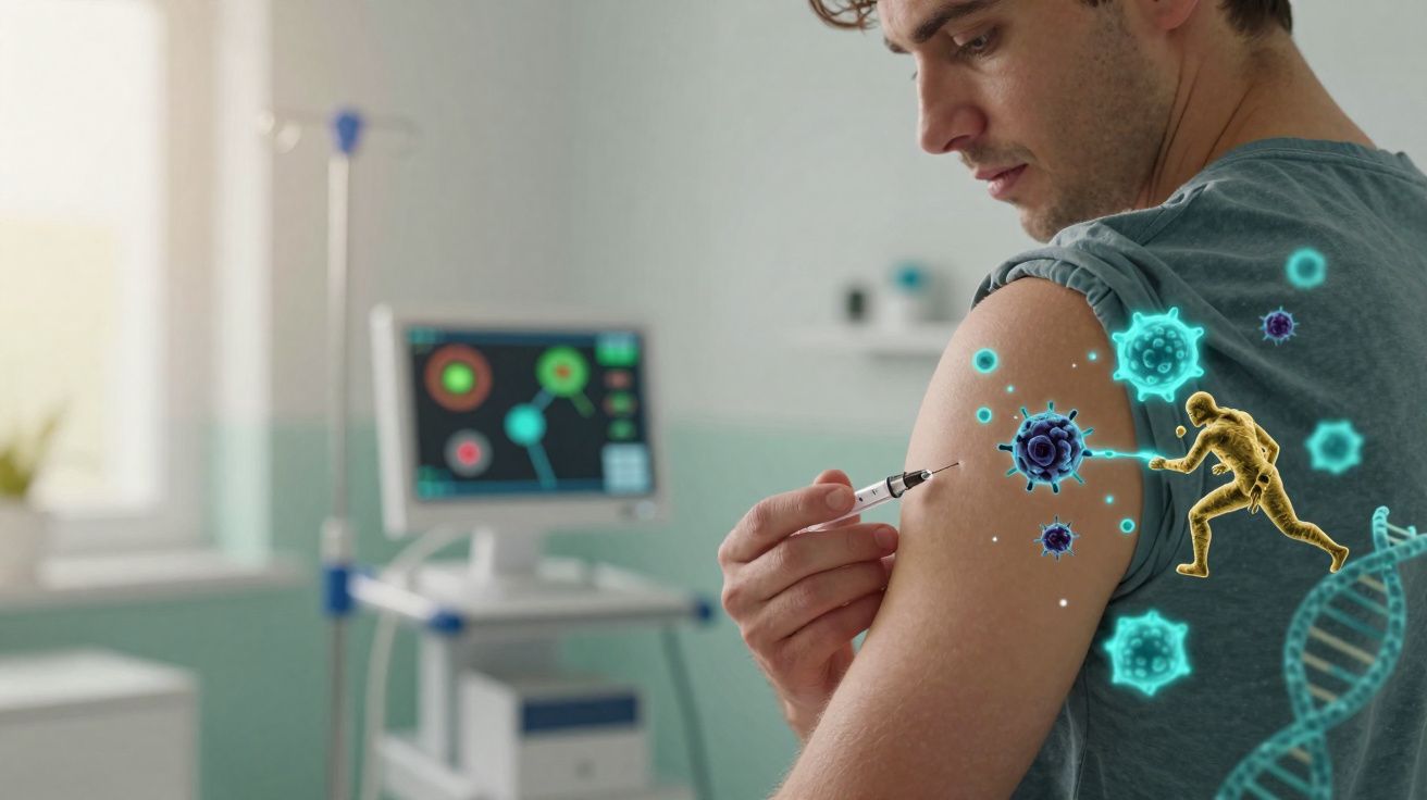 Homem a receber vacina no braço, com ilustração digital de defesa imunitária contra vírus.