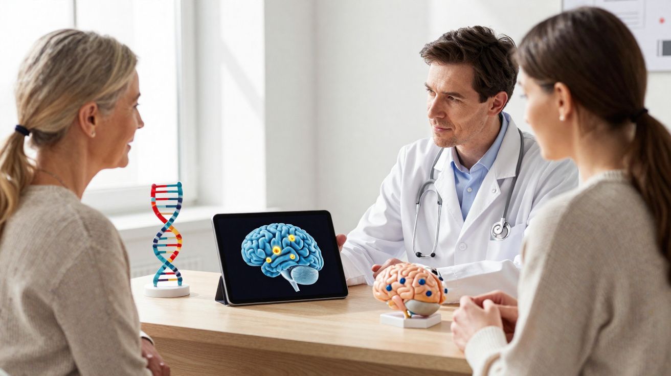 Médico explica funcionamento do cérebro a duas mulheres com modelos de DNA e cérebro numa mesa.