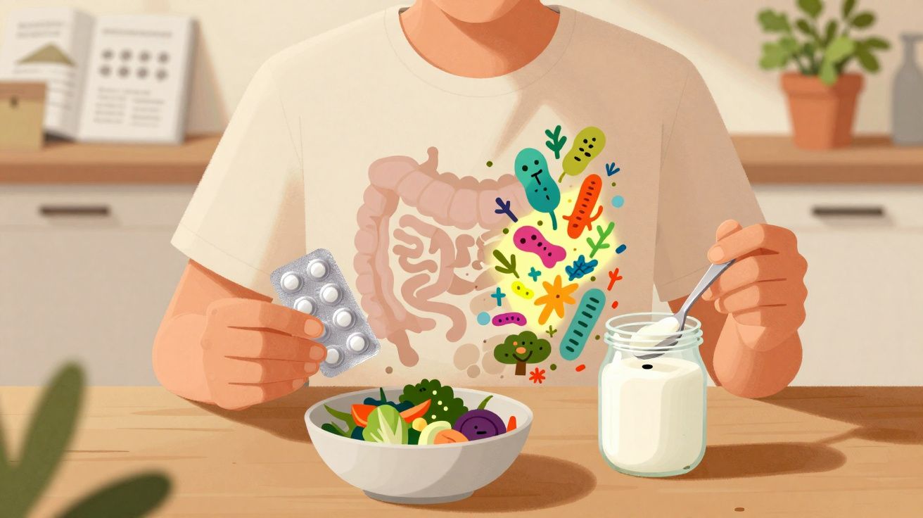 Pessoa a segurar comprimidos e a colocar probióticos num iogurte, com ilustração do intestino e bactérias no peito.