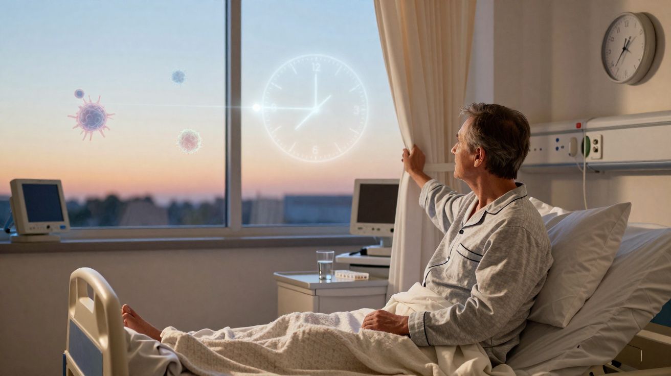 Paciente idoso em pijama a olhar pela janela de quarto de hospital ao pôr do sol, com gráficos de vírus e relógio.