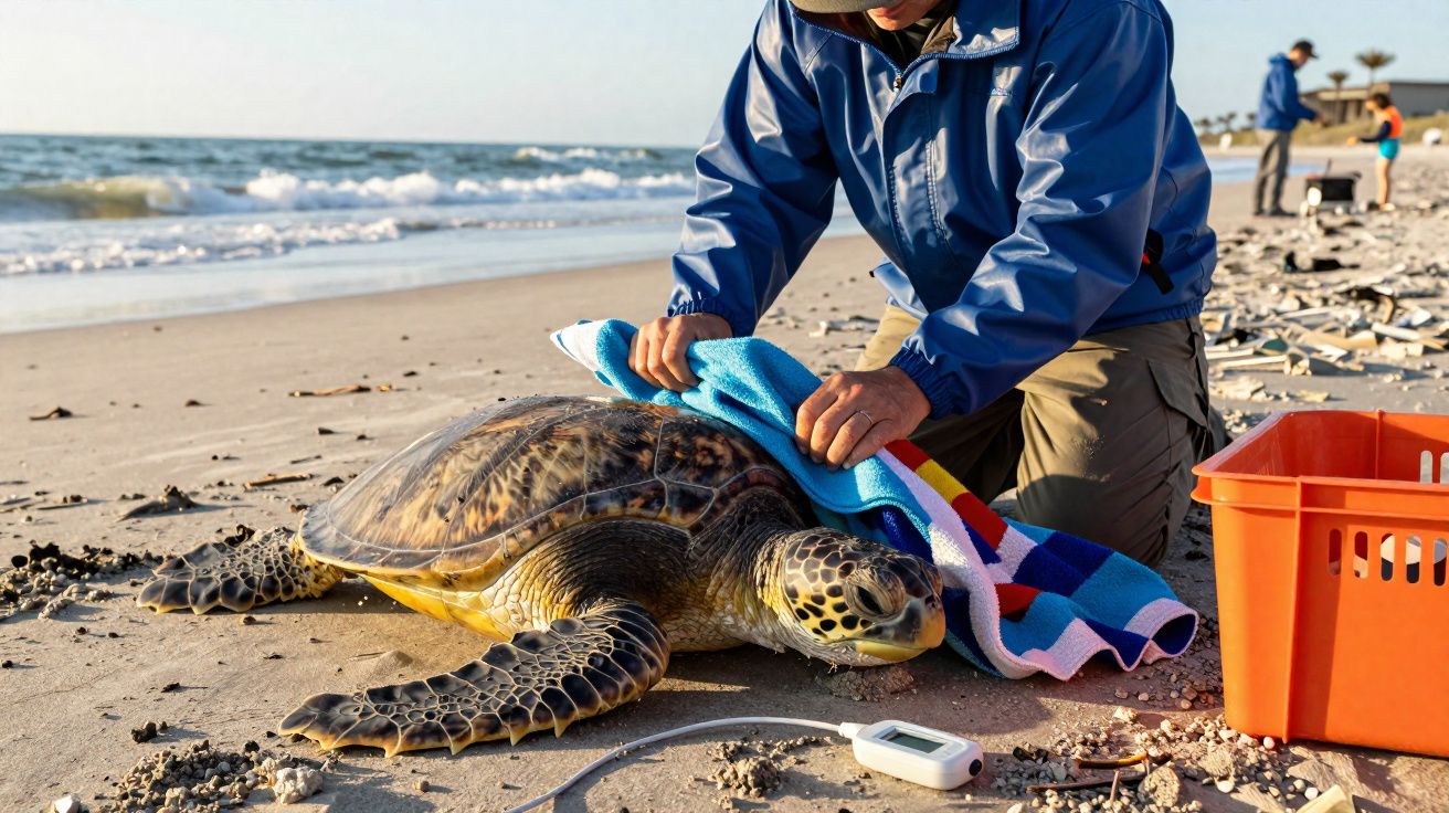 Pessoa a cuidar e limpar uma tartaruga marinha na praia ao amanhecer.