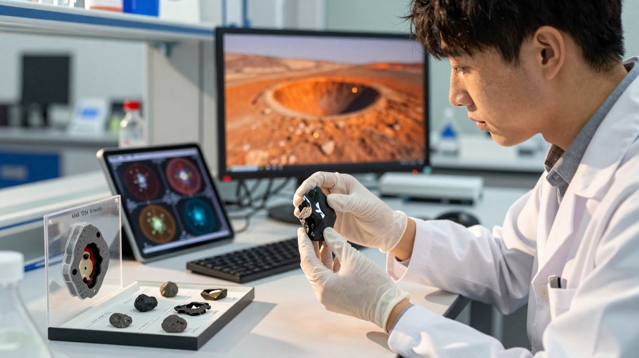 Cientista de luvas brancas analisa amostra de rocha espacial num laboratório com ecrãs ao fundo.