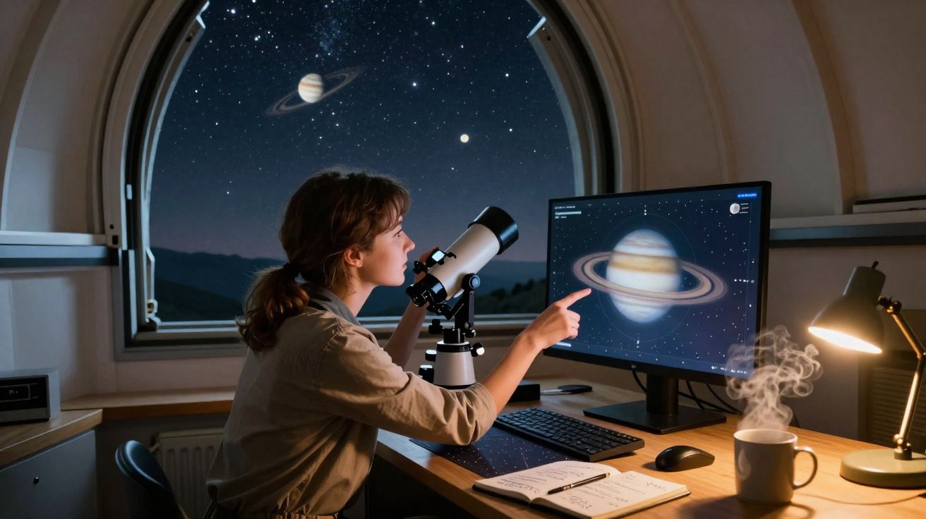 Mulher observa Saturno por telescópio e ecrã num observatório com janela panorâmica para o espaço.