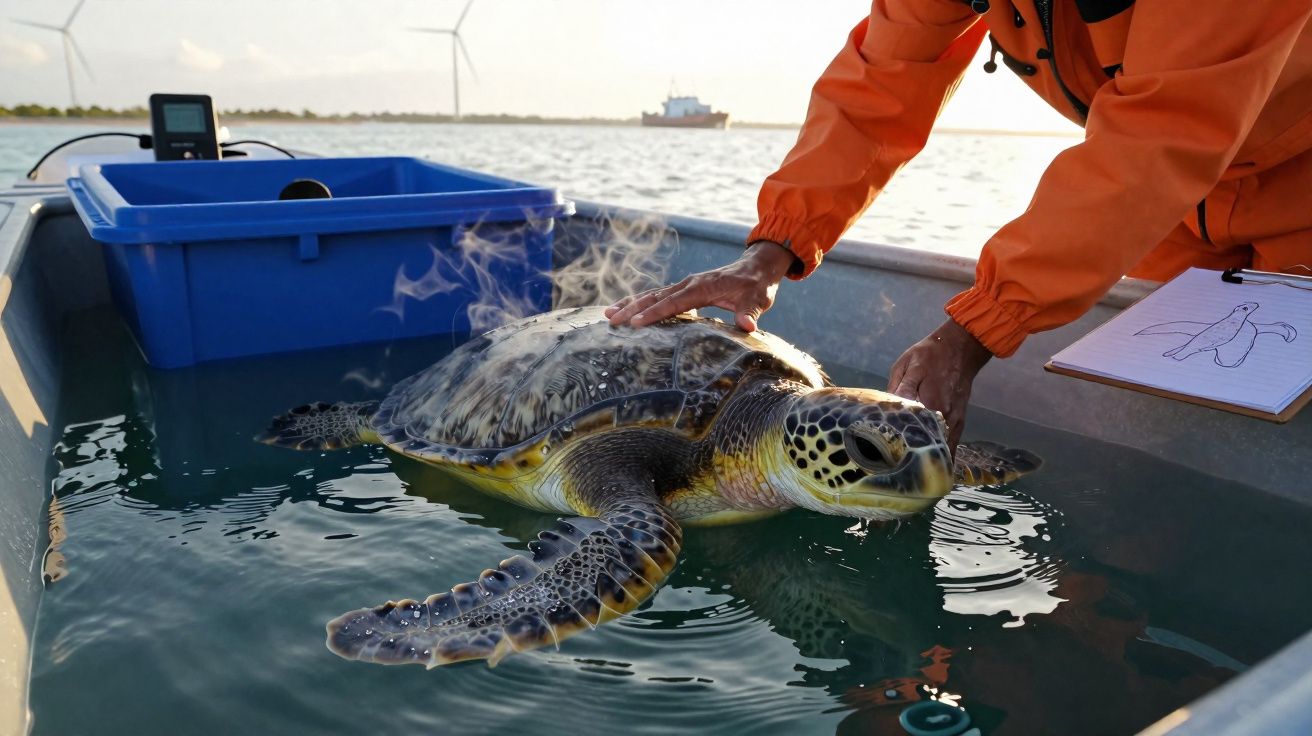 Tartaruga marinha numa embarcação, com uma pessoa de casaco laranja a tocá-la e anotar dados num caderno.