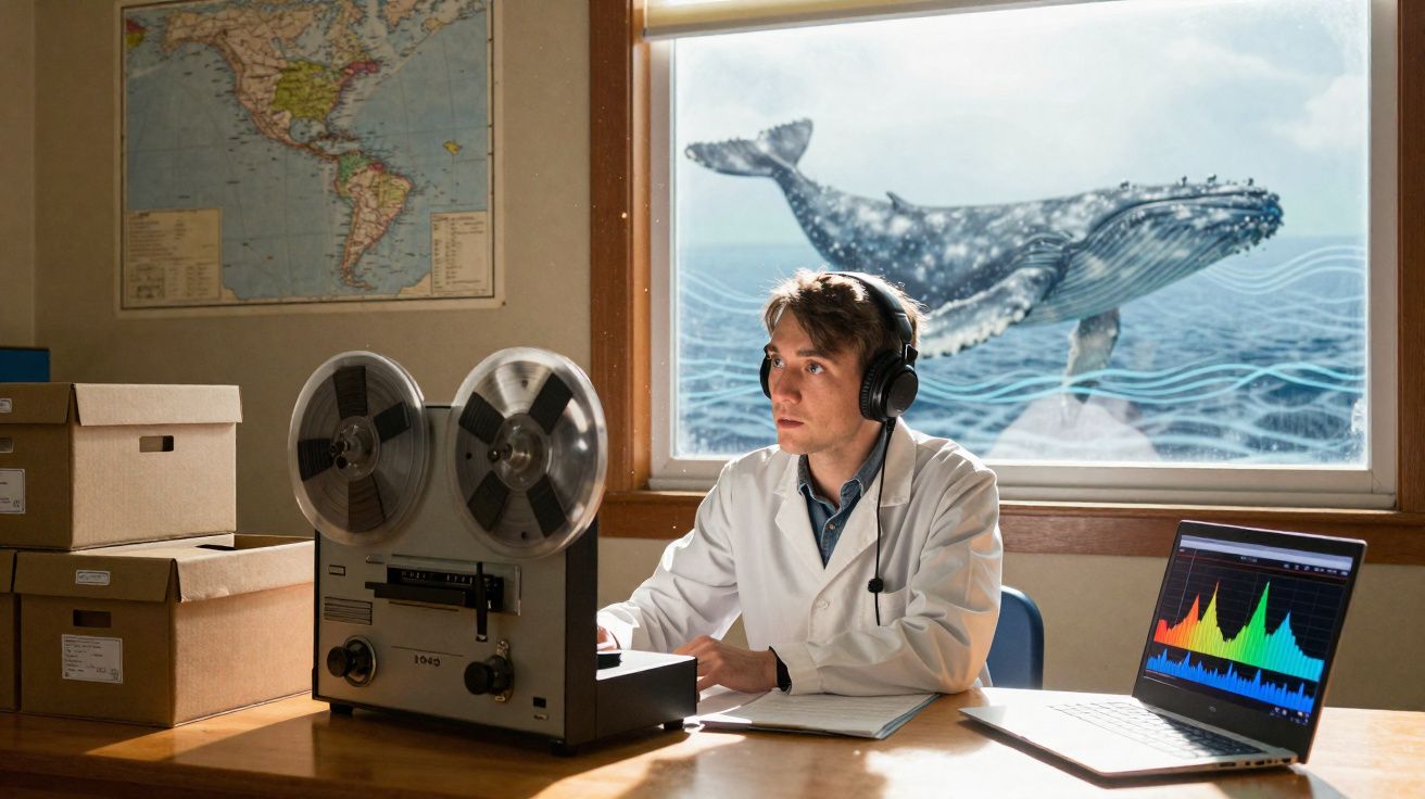 Homem com bata e auscultadores capta sons numa sala com mapa e janela mostrando baleia azul na água.