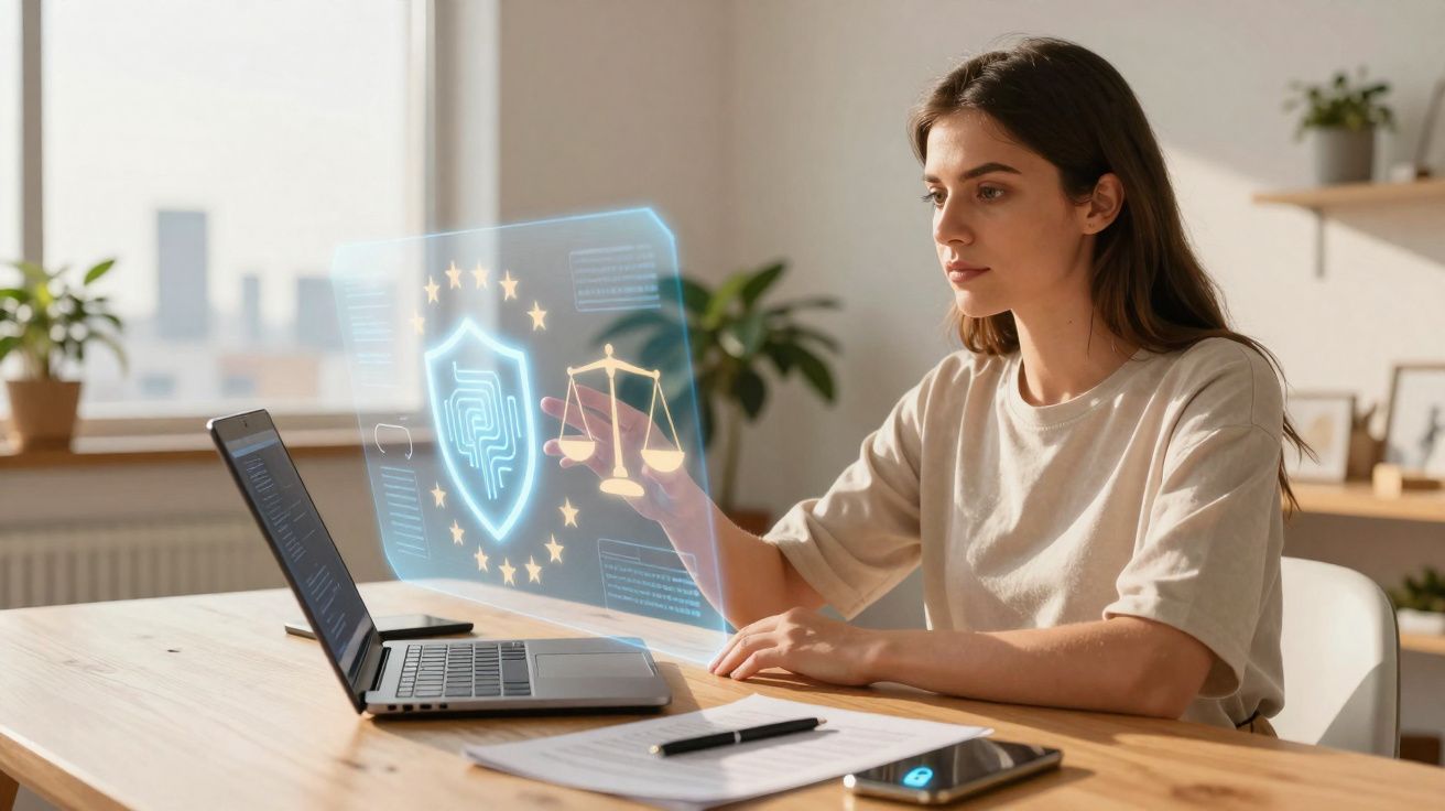 Mulher em casa a usar laptop com gráficos holográficos de segurança e justiça digital à frente.