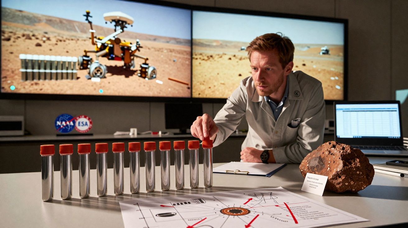 Cientista examina amostras de solo marciano com rover e logos da NASA e ESA ao fundo.