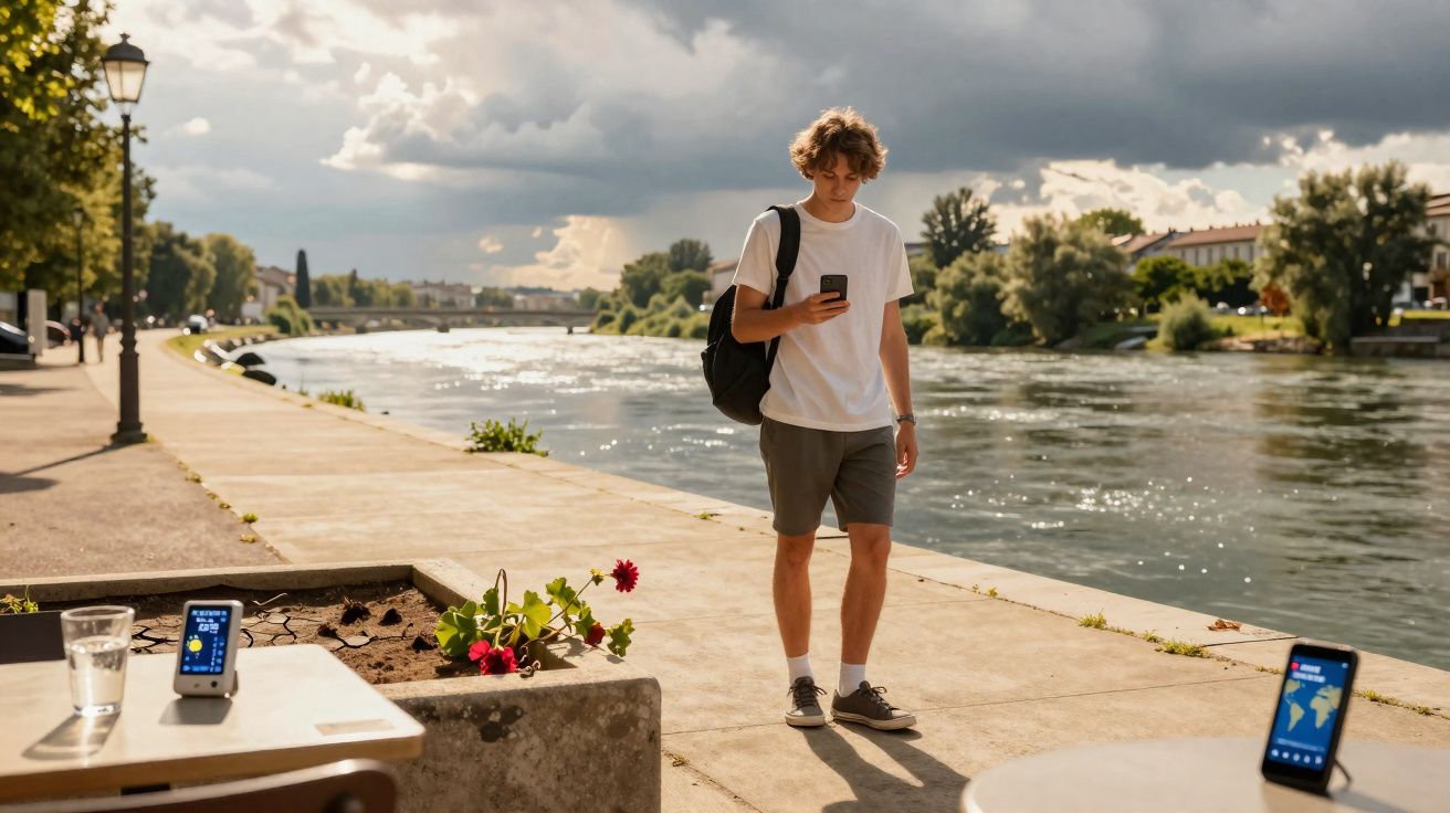 Jovem a caminhar junto a um rio, a olhar para o telemóvel num dia nublado com sol e sombras.