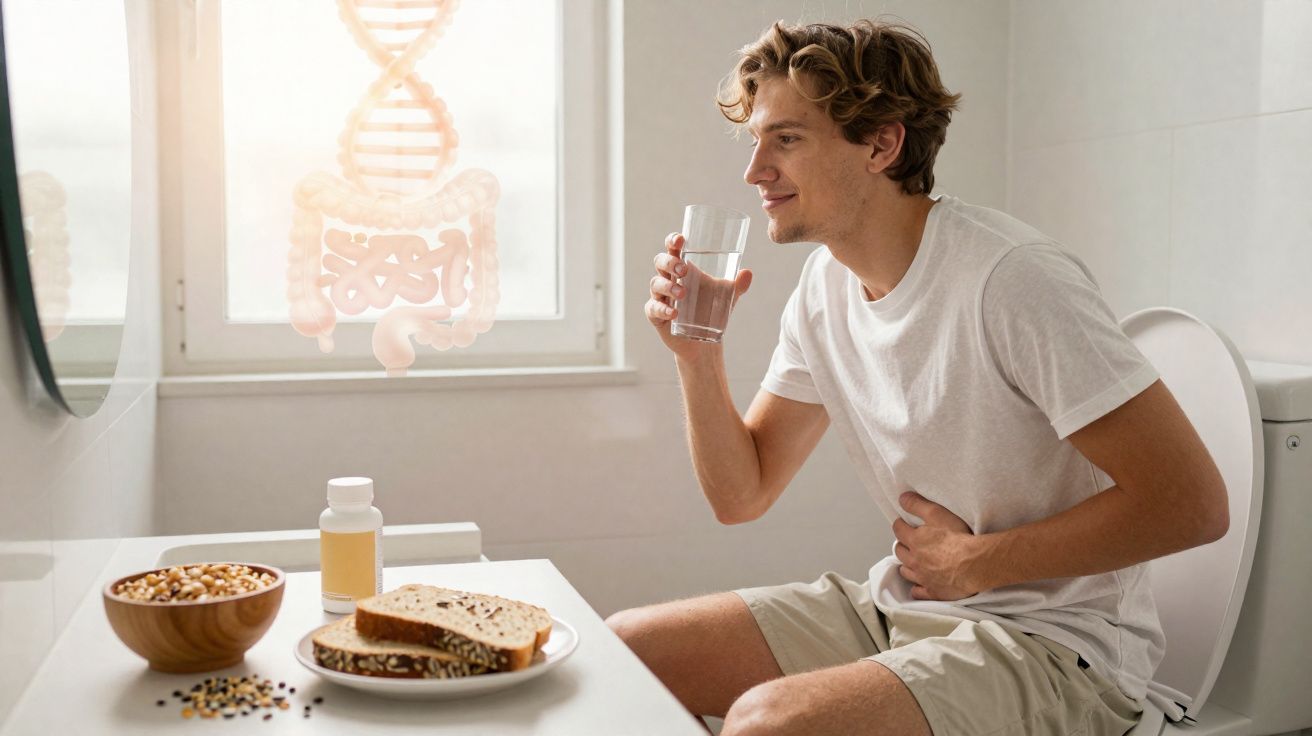 Homem com dor abdominal a beber água sentado numa sanita, com alimentos e suplemento no balcão.