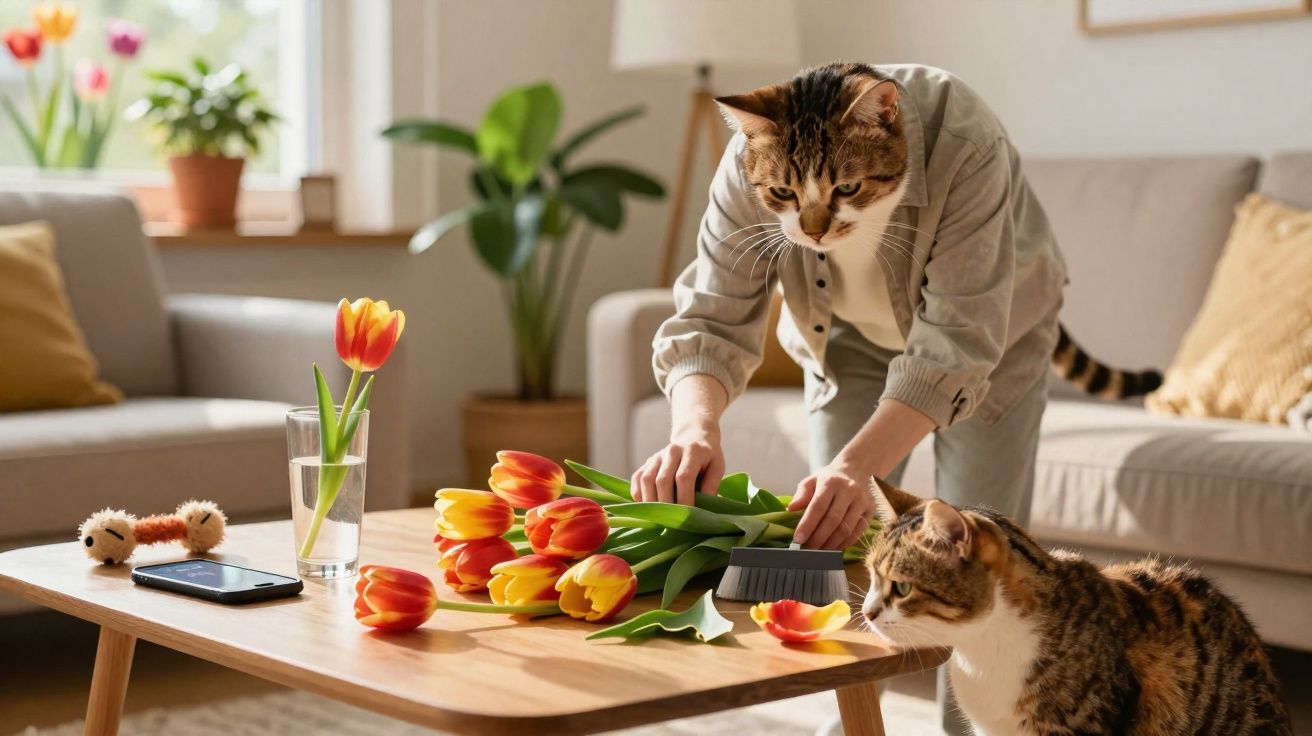 Pessoa com cabeça de gato a limpar flores na mesa de sala enquanto outro gato observa.