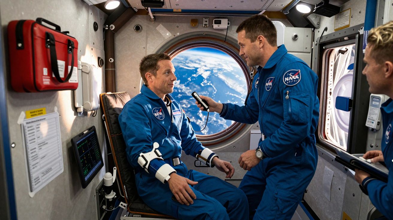 Três astronautas dentro da Estação Espacial Internacional com vista para a Terra pela janela circular.