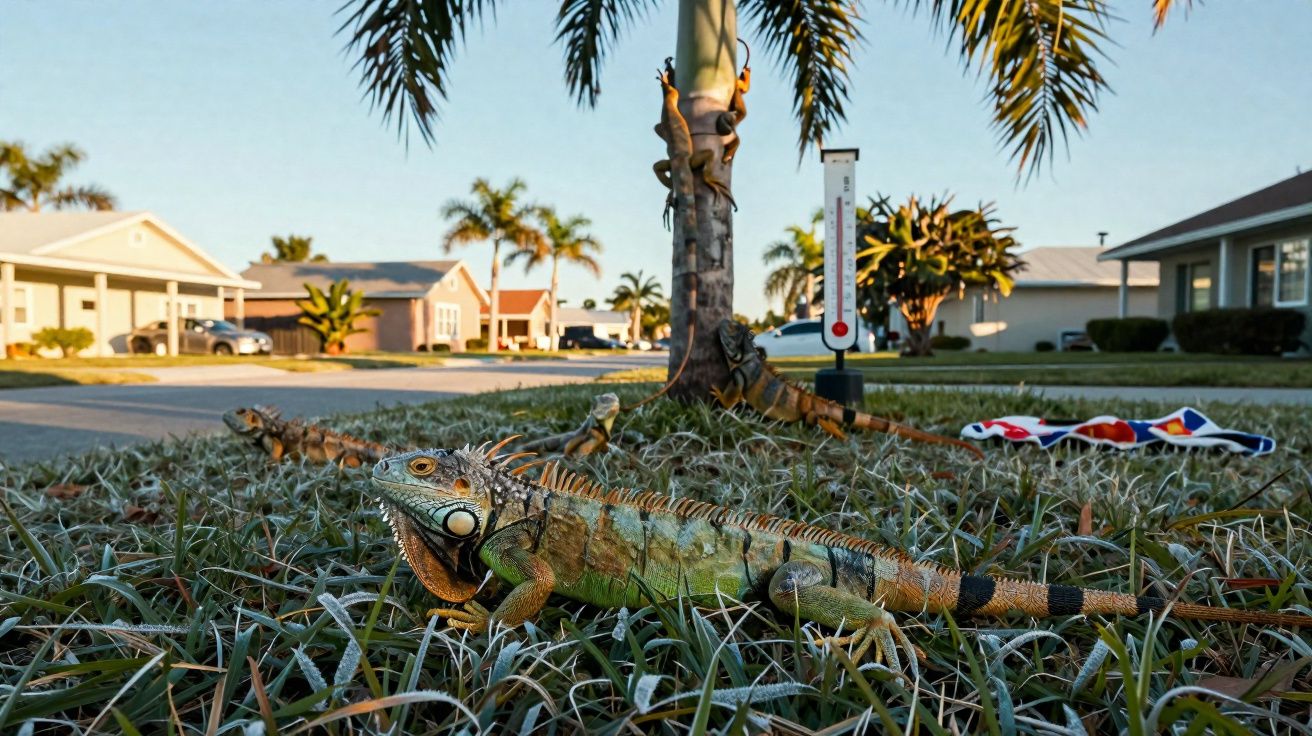 Várias iguanas verdes no relvado de um bairro residencial com casas e palmeiras ao fundo.