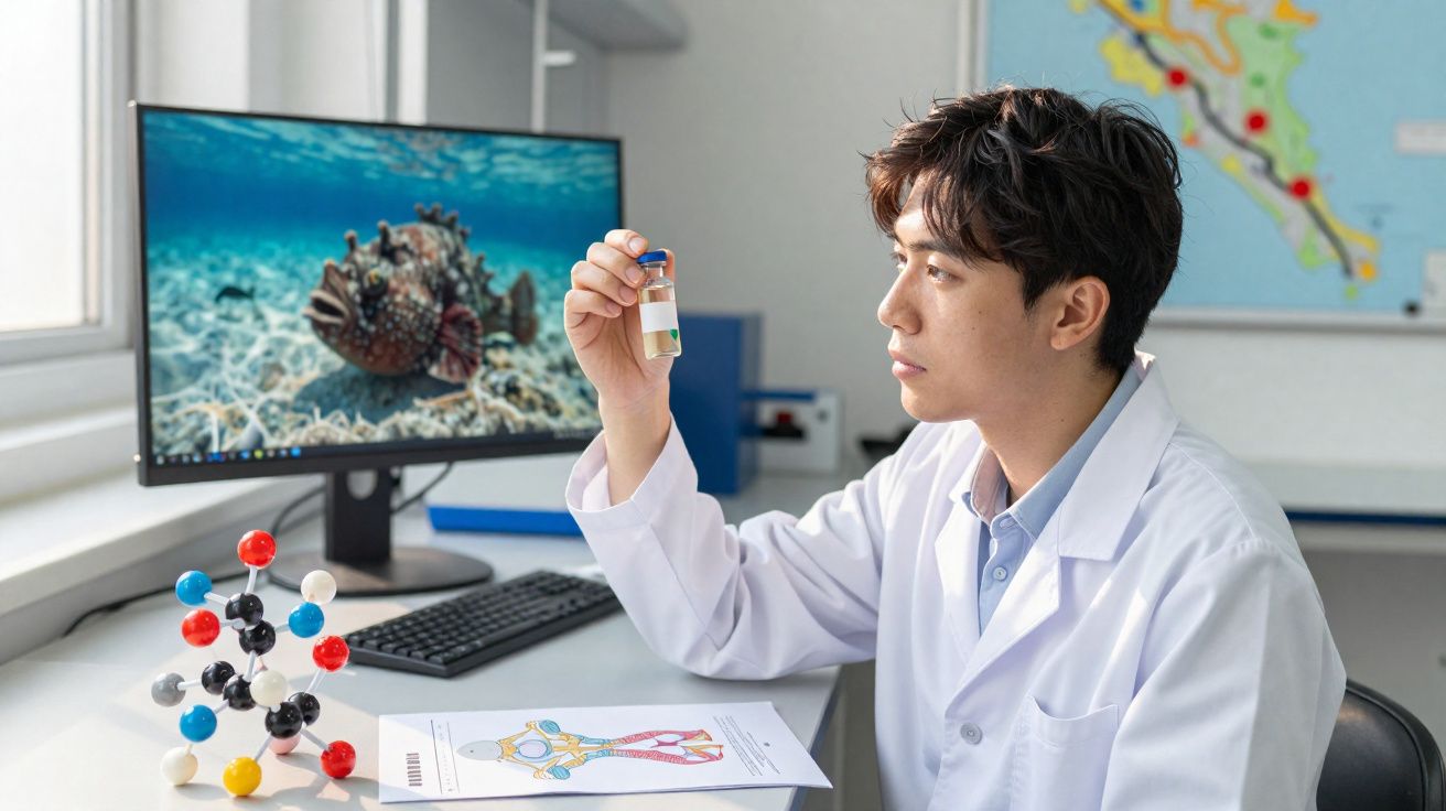 Cientista observa amostra em frasco no laboratório com modelo molecular e imagem de peixe no ecrã.