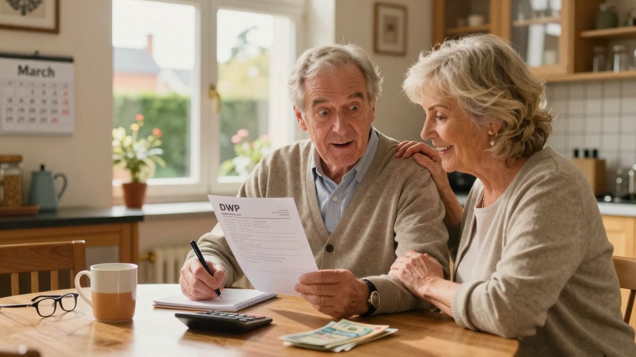 Casal sénior feliz a analisar documentos e finanças na cozinha em casa durante o dia.