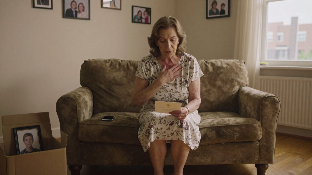 Mulher idosa sentada no sofá lendo uma carta com expressão emocionada junto a caixa com fotografia emoldurada.