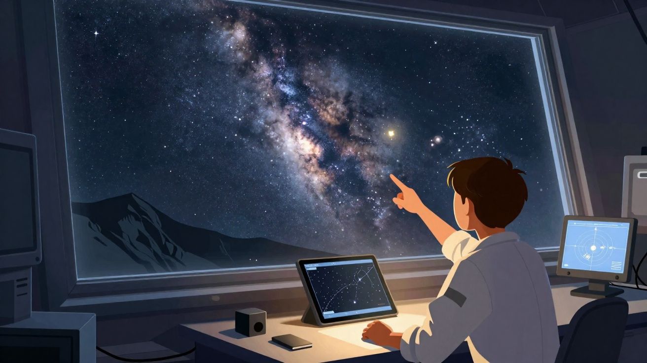 Pessoa aponta para a Via Láctea visível através de uma grande janela num observatório com equipamento astronómico.