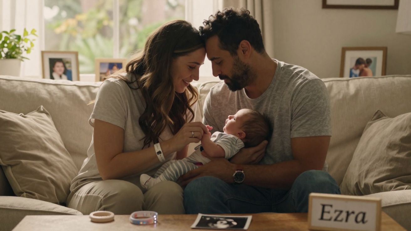 Casal sentado no sofá a olhar carinhosamente para o bebé recém-nascido nos braços do pai.