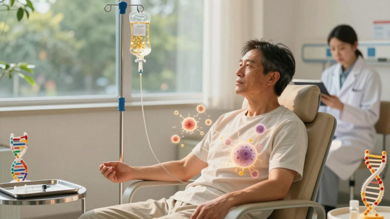 Homem recebe tratamento intravenoso com vírus e DNA ilustrados, enquanto médica consulta tablet ao fundo.