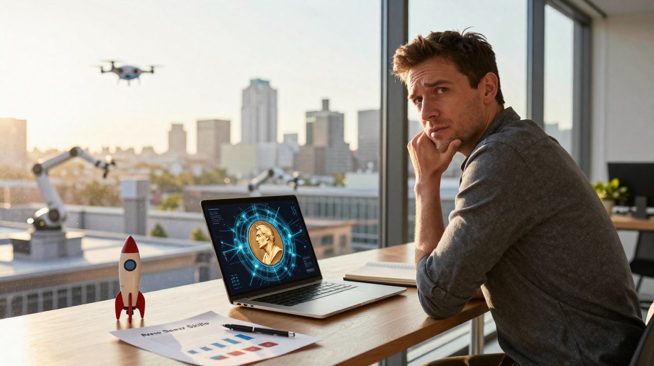 Homem sentado junto a janela com computador aberto em gráfico de criptomoeda e drone ao fundo na cidade.