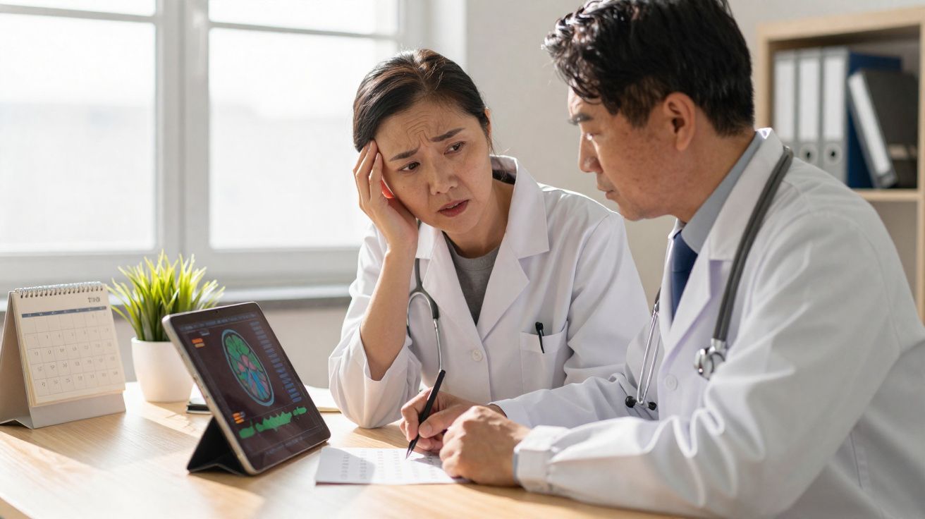 Dois médicos em discussão séria enquanto analisam exame num tablet num consultório iluminado.