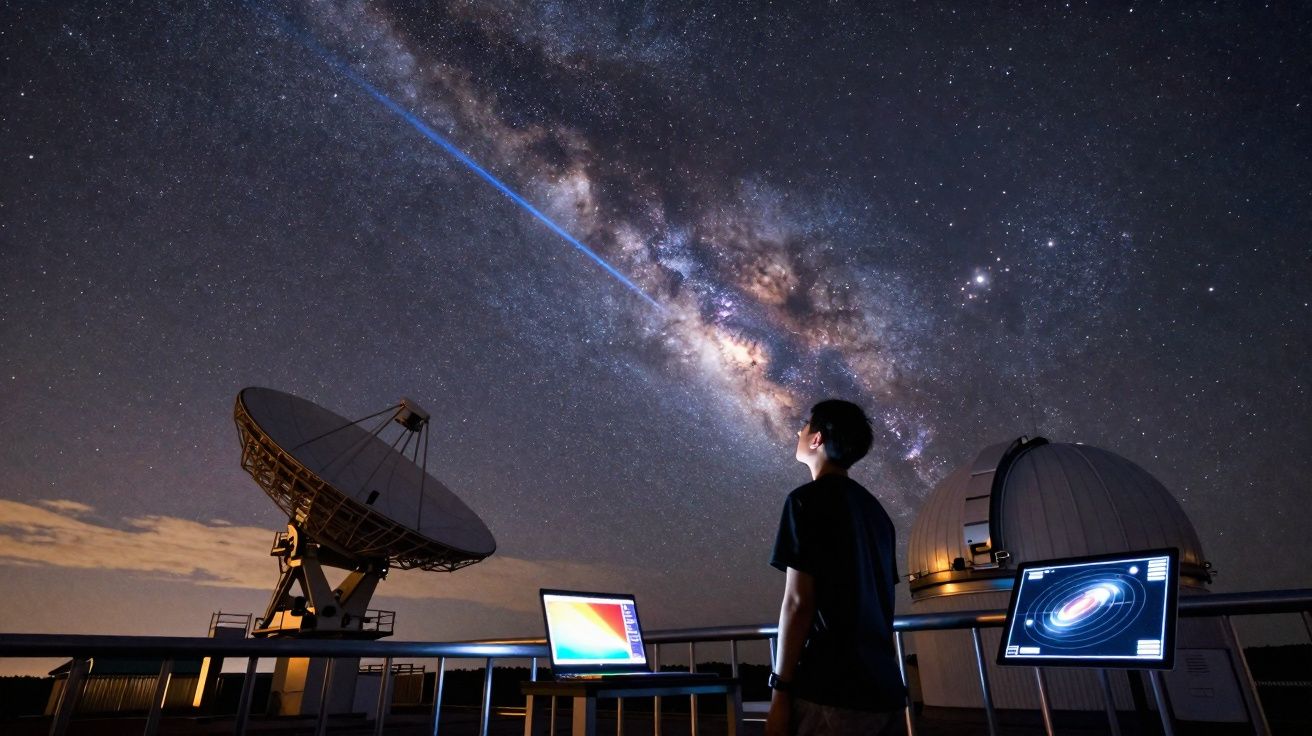 Observatório com antena, dois computadores e pessoa a olhar para a Via Láctea no céu noturno estrelado.