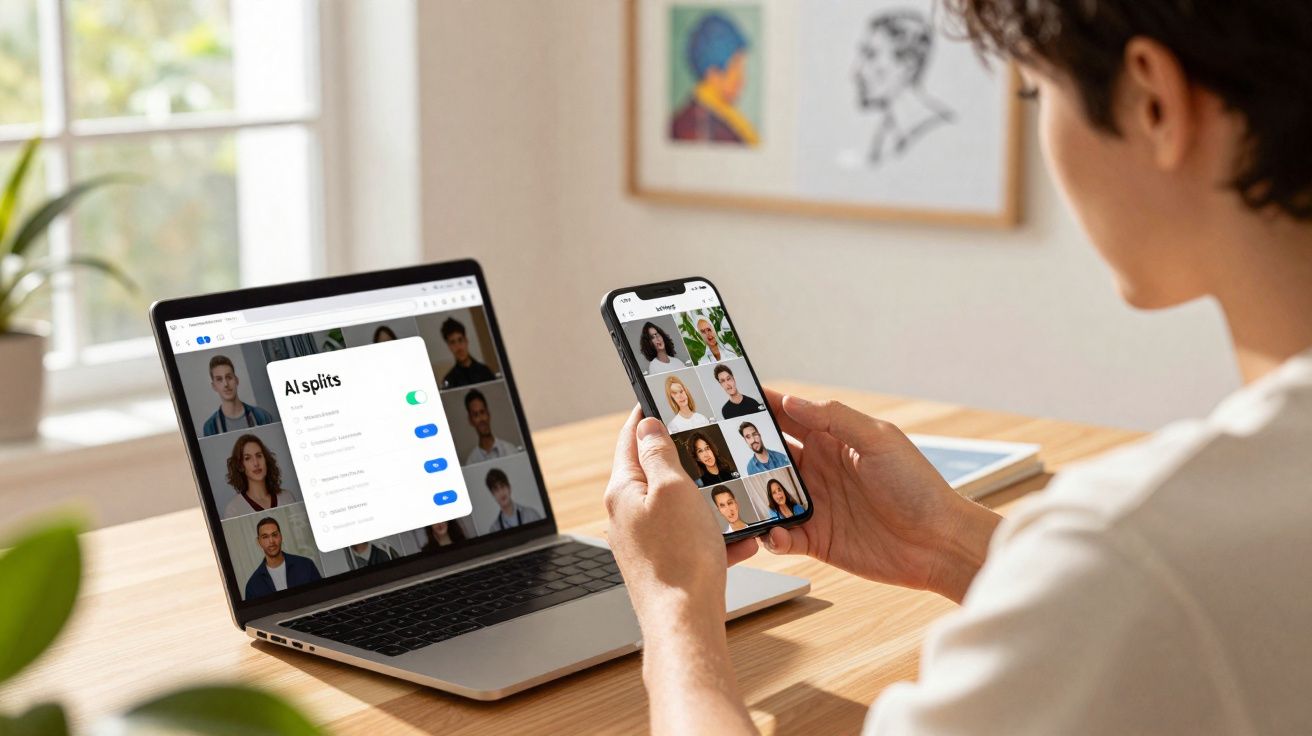 Pessoa a usar telemóvel e computador portátil para videoconferência com várias pessoas visíveis nas ecrãs.