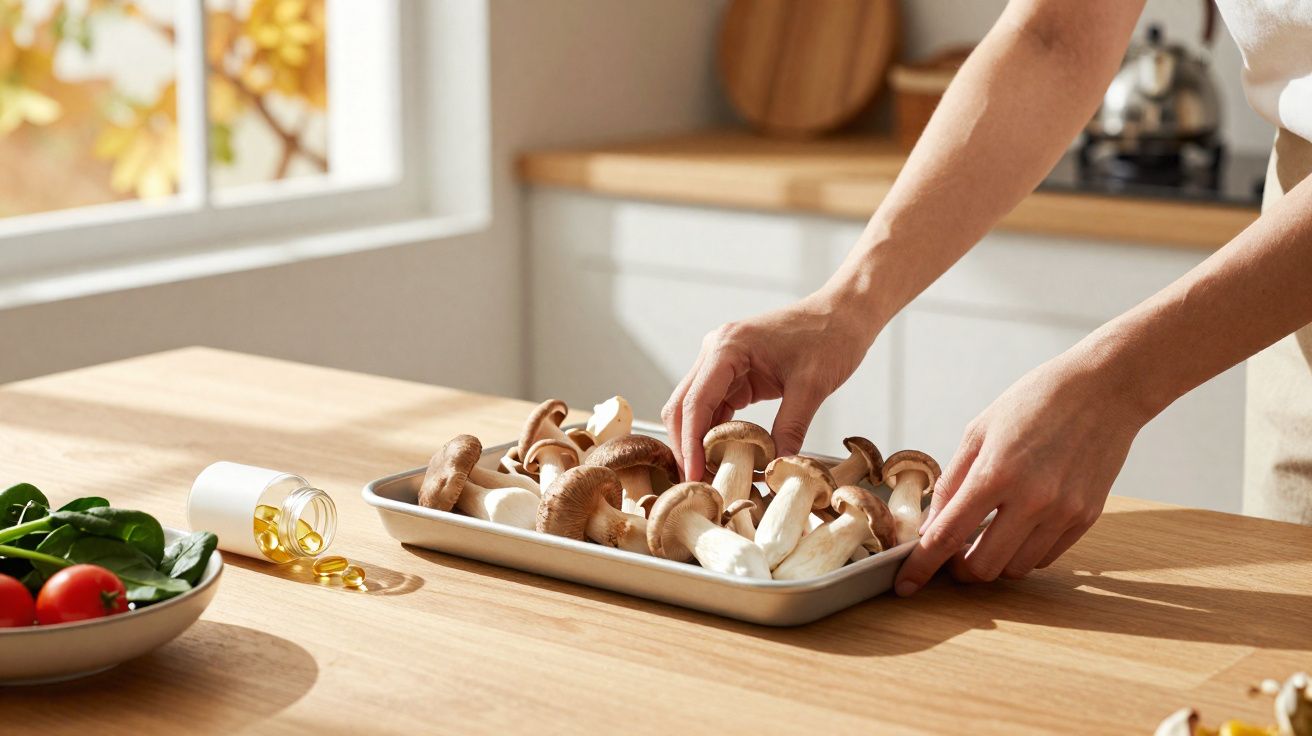 Mãos a organizar cogumelos num tabuleiro numa cozinha iluminada, com legumes e cápsulas de suplemento na mesa.