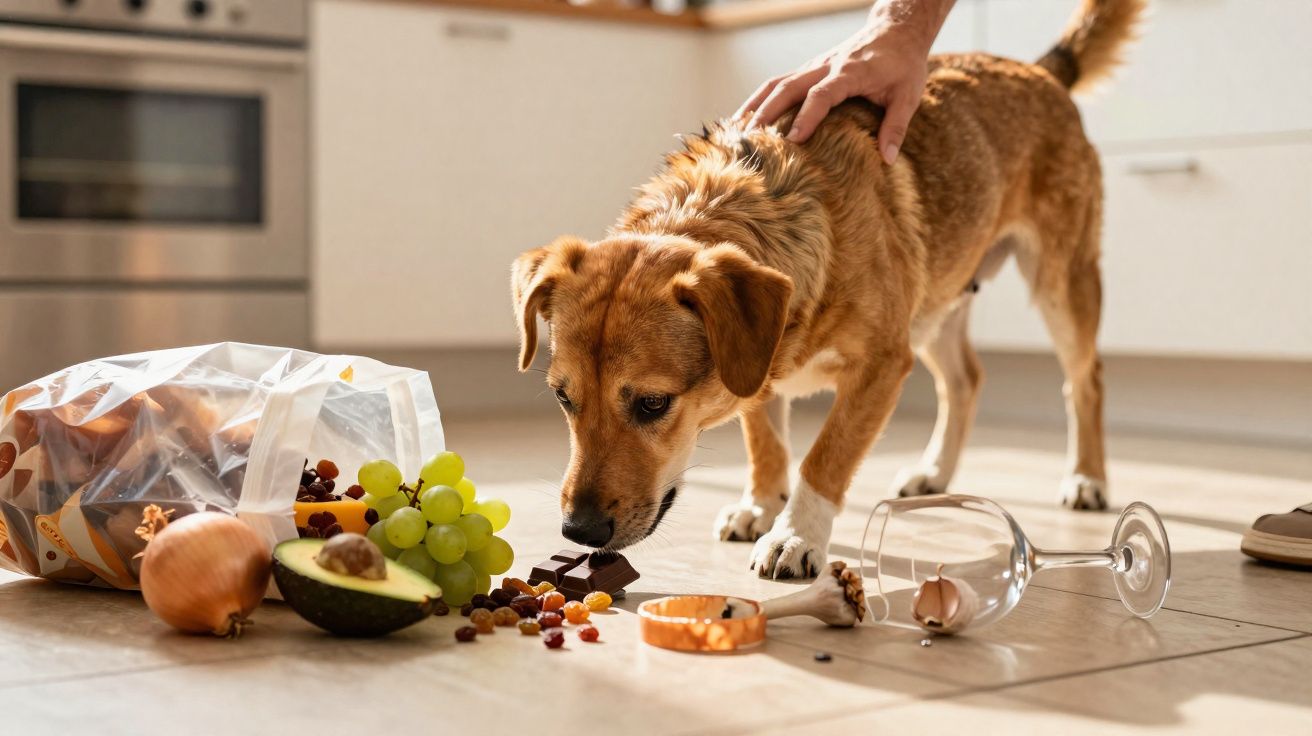 Cão castanho em cozinha a ser afastado de comida e objetos caídos no chão, incluindo frutas e chocolate.
