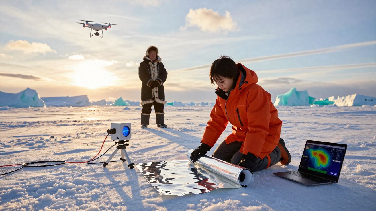 Pessoa com casaco laranja a trabalhar em equipamento científico na neve, drone e outra pessoa ao fundo.
