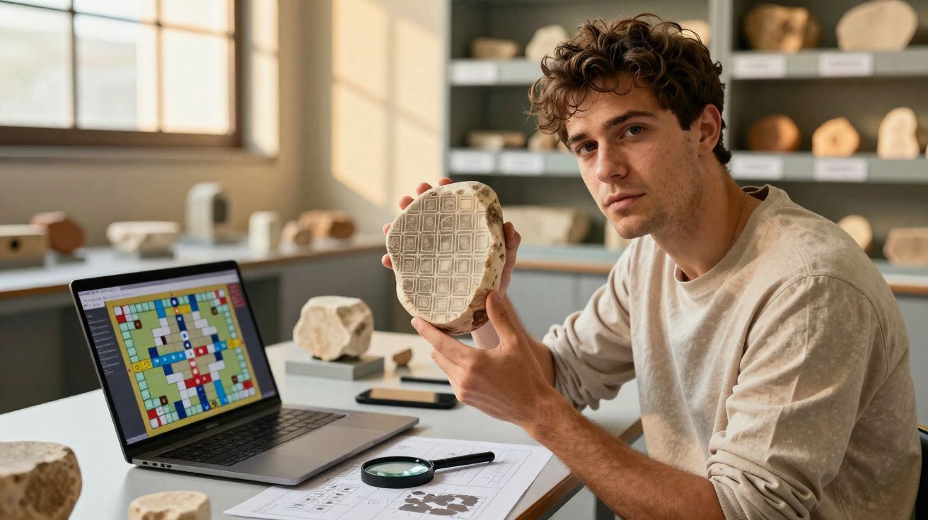 Jovem arqueólogo examina fragmento de cerâmica com padrões enquanto trabalha com laptop e documentos.