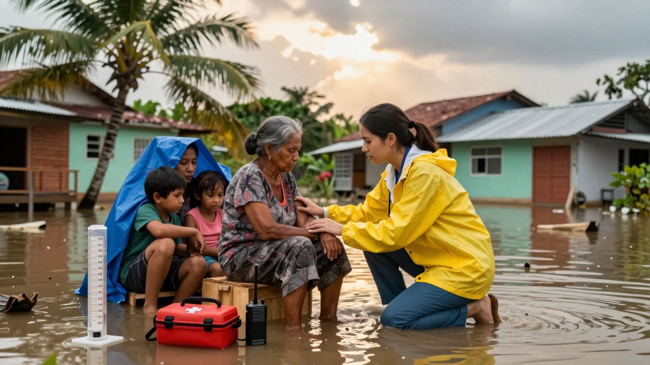 Mulher de capa amarela ajuda idosa sentada em caixa durante cheias, com crianças e casas alagadas ao fundo.