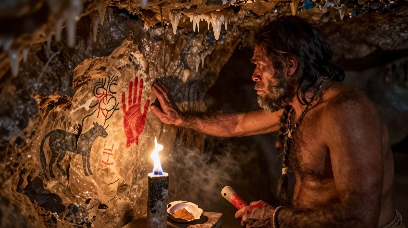 Homem pré-histórico pinta mão vermelha numa parede de caverna iluminada por vela.