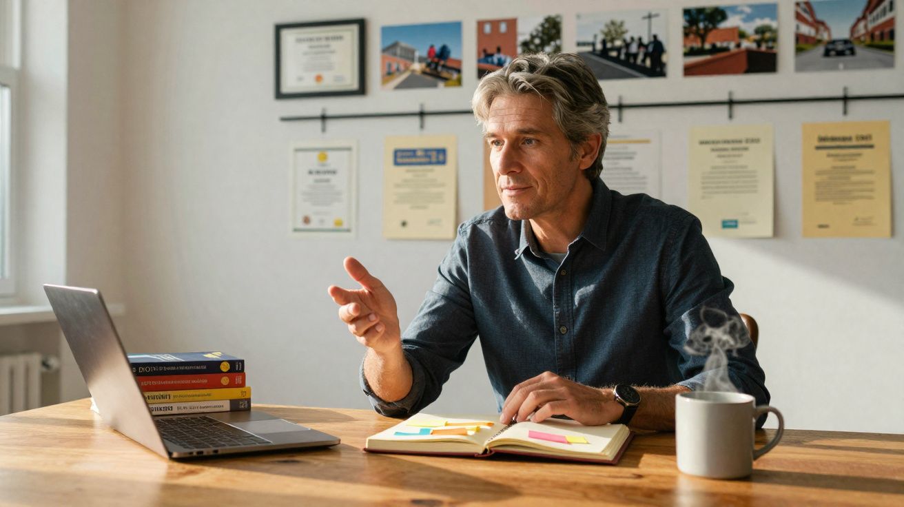 Homem sentado à mesa com computador portátil e caderno, a gesticular enquanto trabalha em escritório iluminado.
