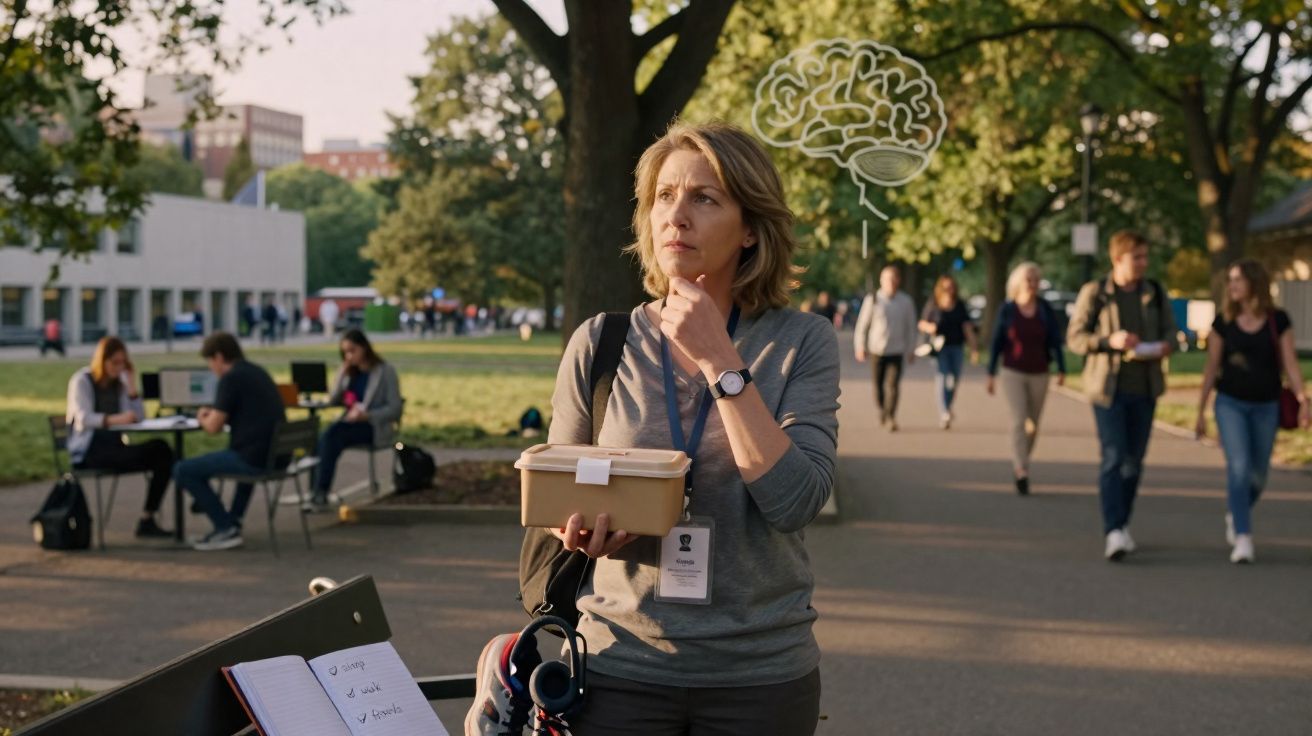 Mulher pensativa num parque com pessoas a caminhar e um desenho de cérebro iluminado ao fundo.