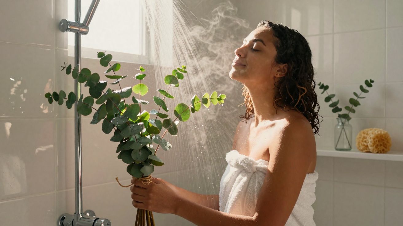 Mulher de olhos fechados segura ramo verde enquanto toma duche de água quente numa casa de banho iluminada.