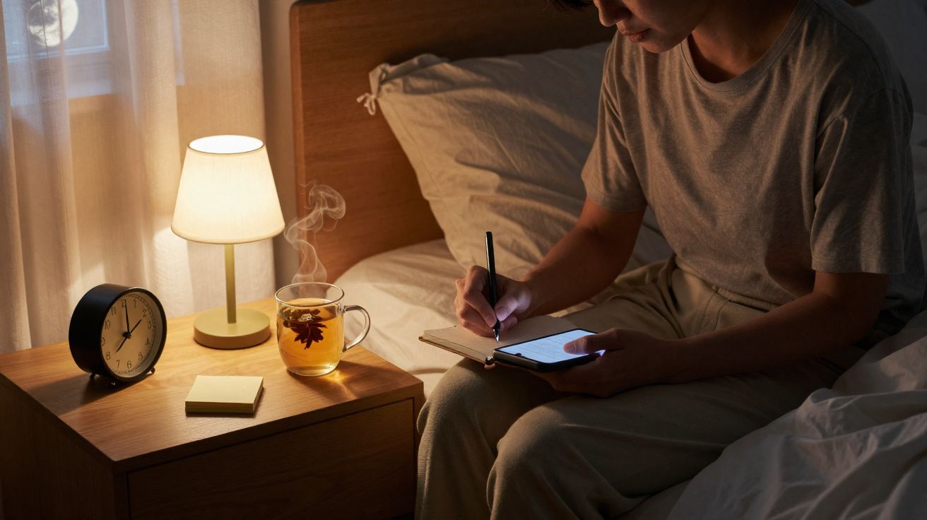 Pessoa sentada na cama a escrever num caderno, com uma mesa de cabeceira iluminada e chá quente ao lado.