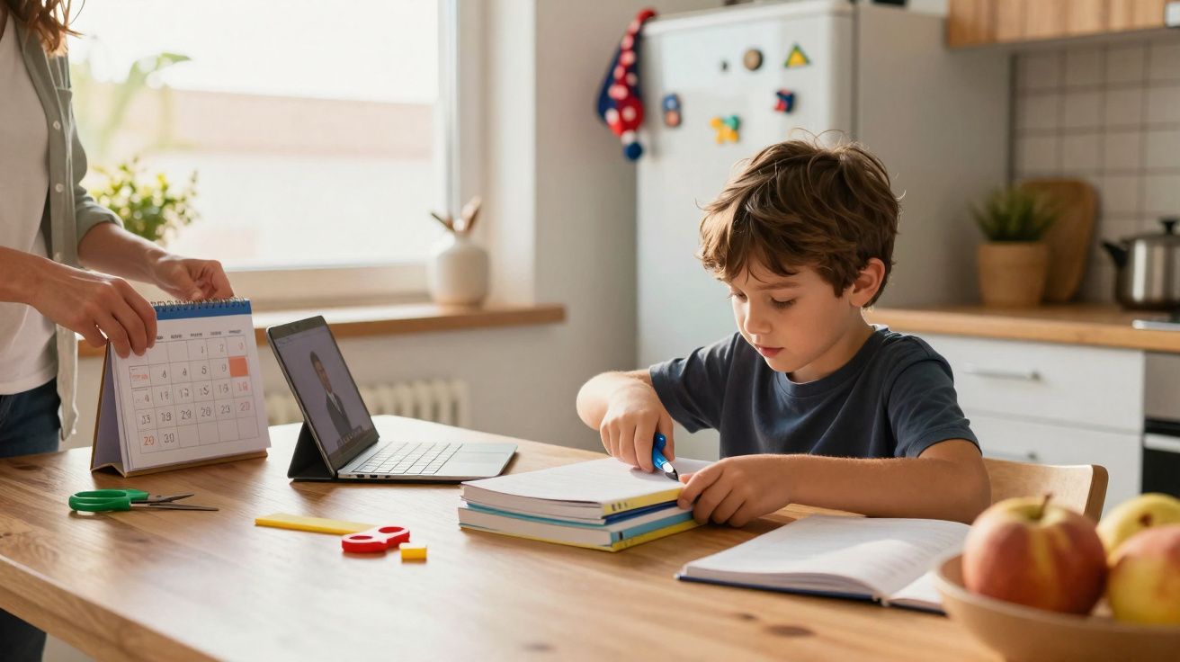 Criança a estudar numa mesa com livros e um adulto ao lado a mostrar um calendário.