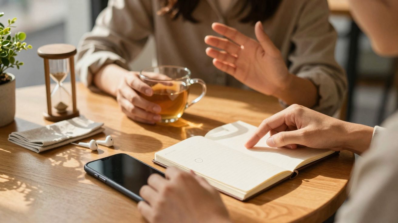Duas pessoas sentadas à mesa com chá, bloco de notas, telefone e ampulheta, em conversa.