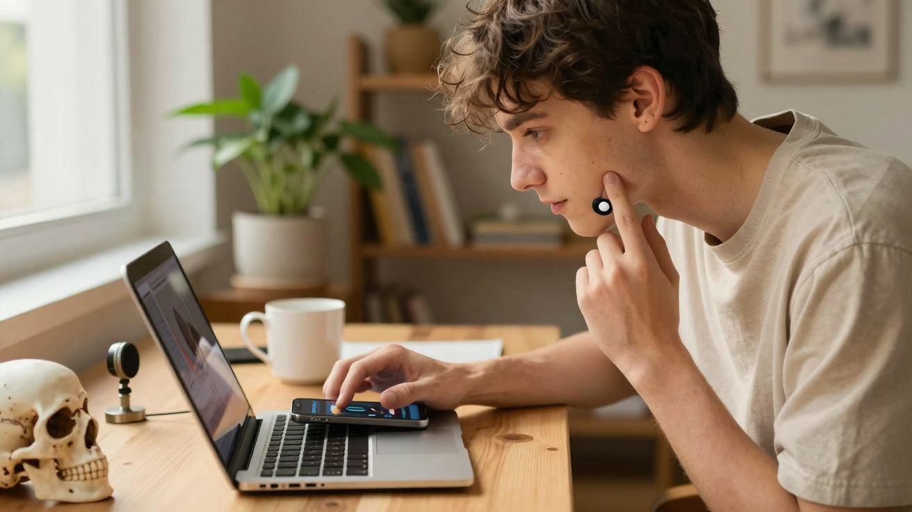 Jovem apontando para a bochecha enquanto usa portátil e telemóvel numa mesa com caveira e caneca.