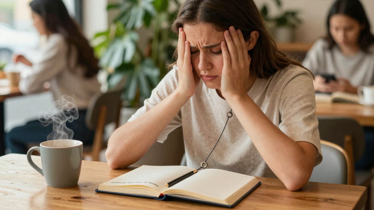 Mulher com expressão de cansaço e dor de cabeça, sentada a ler um livro numa mesa com uma chávena de café.